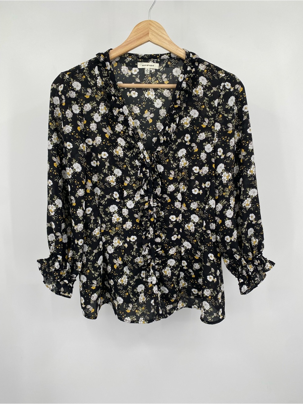 Max Studio Black Floral Ruffle Long Sleeve Boho Blouse Size Small